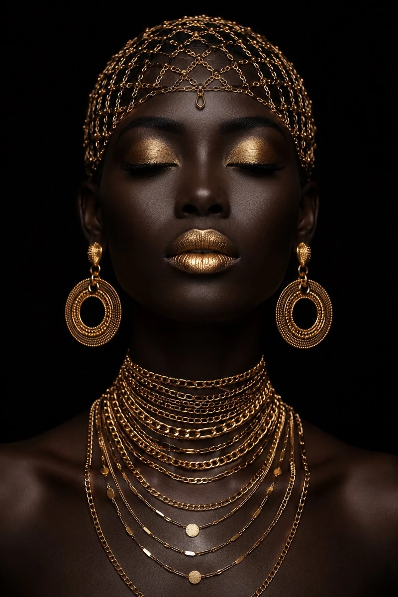 Ultra-realistic luxury fashion portrait of an elegant Black woman with fl...