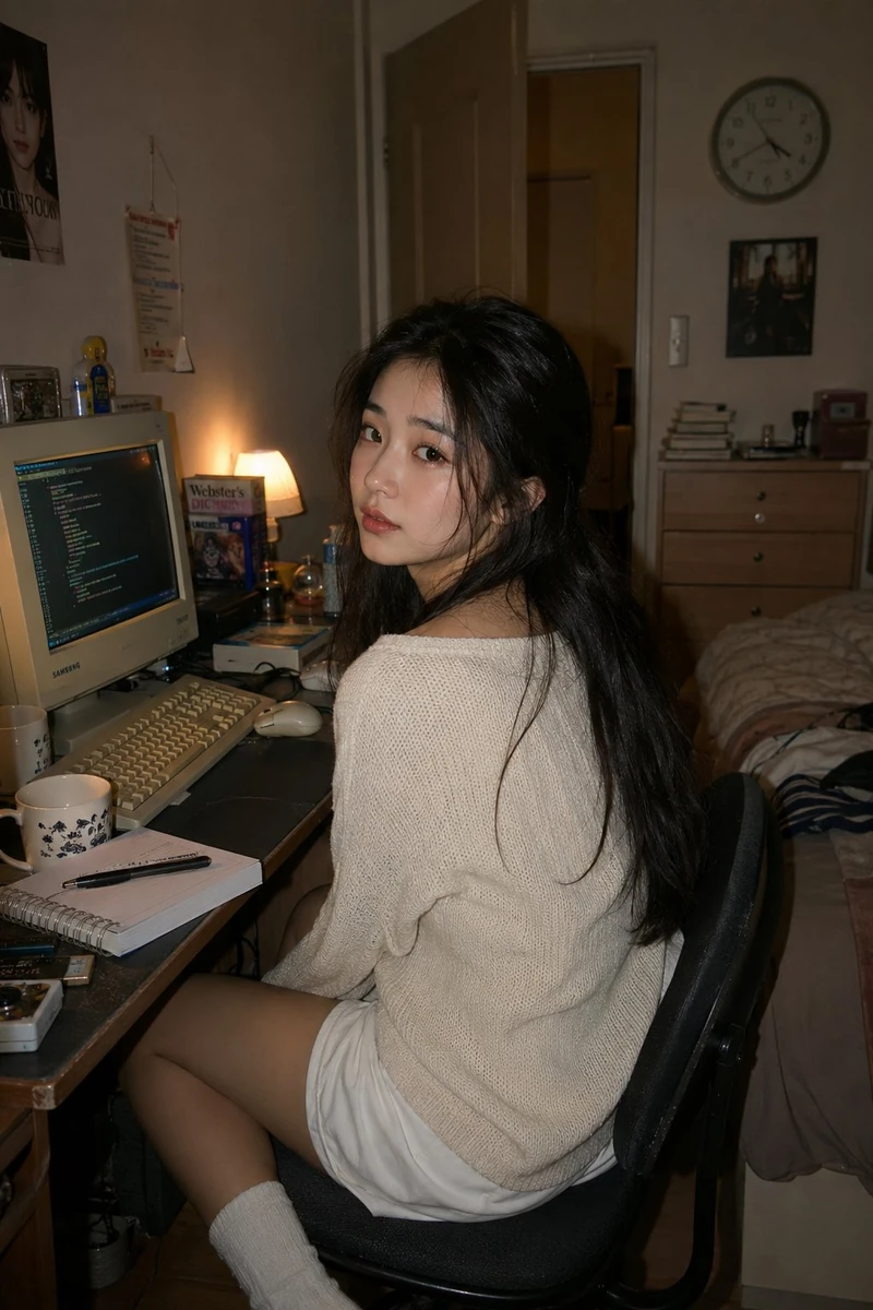 A photorealistic lifestyle portrait of a young East Asian woman seated ca...