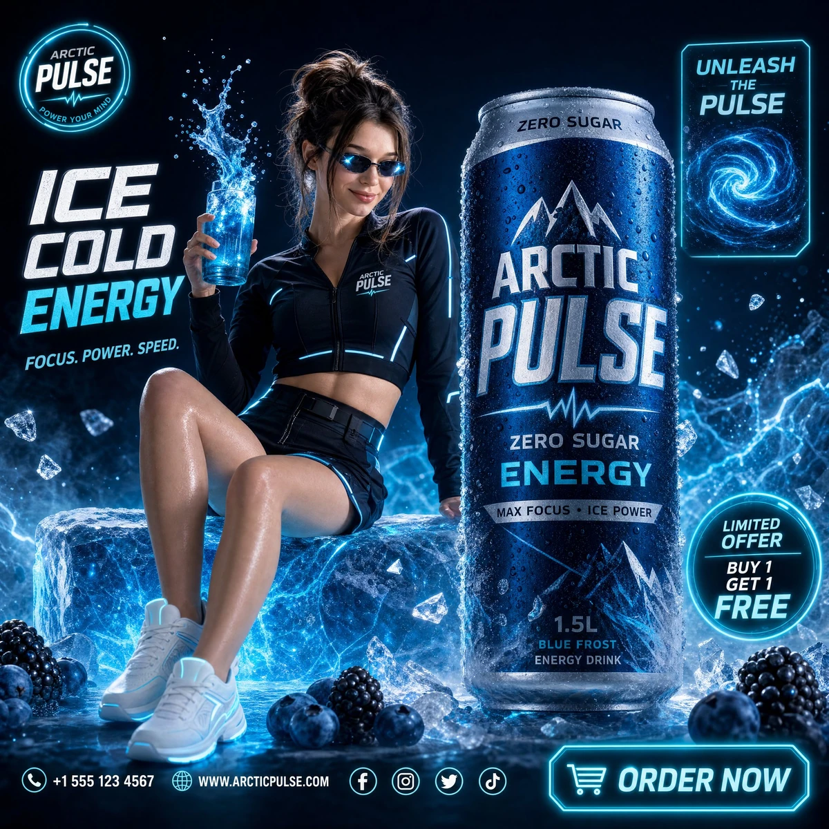 A high-end commercial beverage advertisement for "Arctic Pulse Energy Dri...