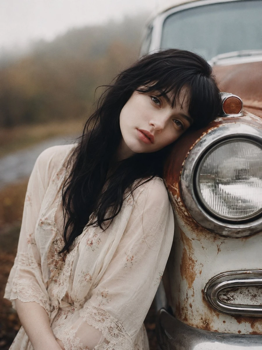 A hauntingly beautiful young woman with long black hair leaning against t...