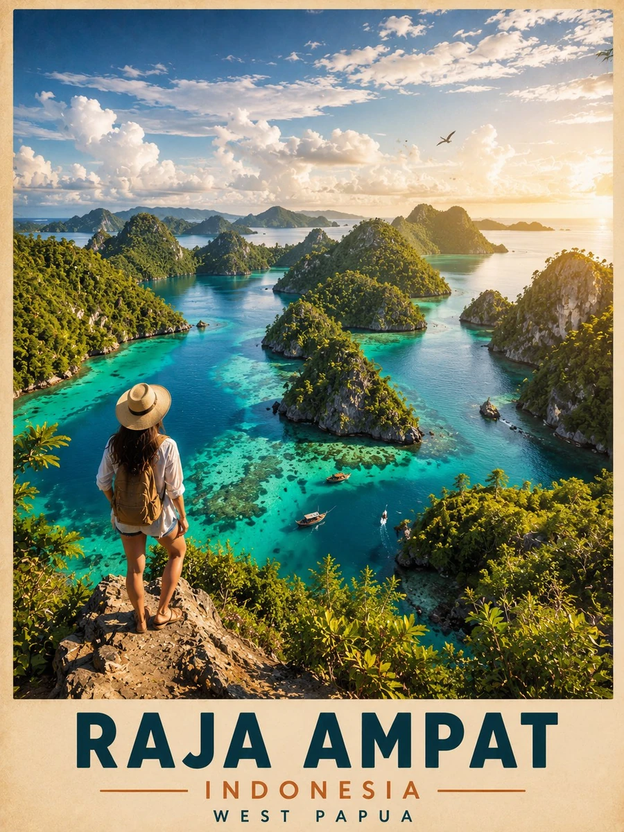 Ultra-detailed cinematic travel poster of Raja Ampat, Indonesia, viewed f...