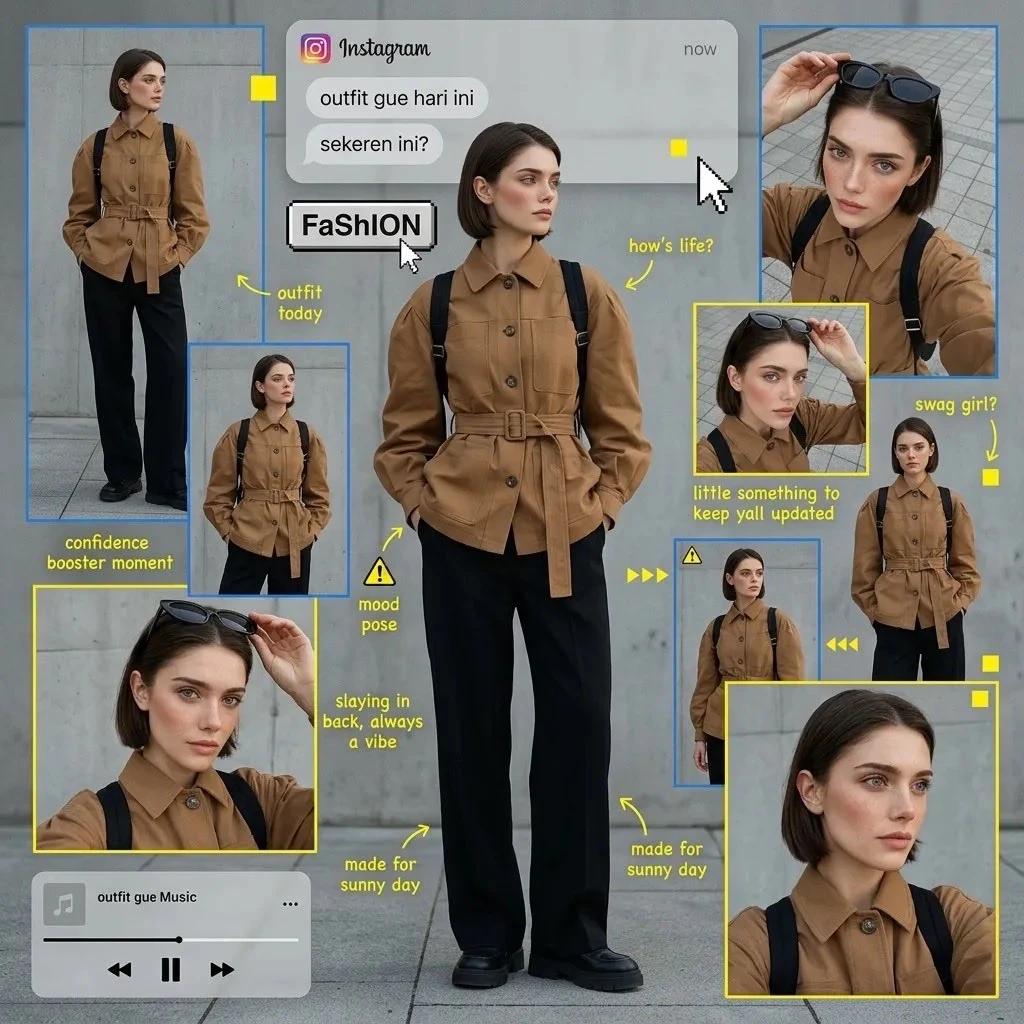 Minimalist fashion editorial collage of a stylish young woman with short...