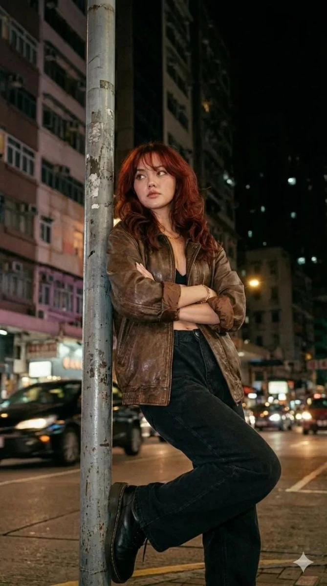 Cinematic nighttime street portrait of a confident woman leaning against...