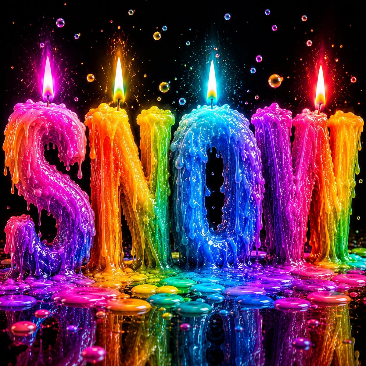 Vibrant rainbow colored 3D candle typography, giant letters crafted entir...