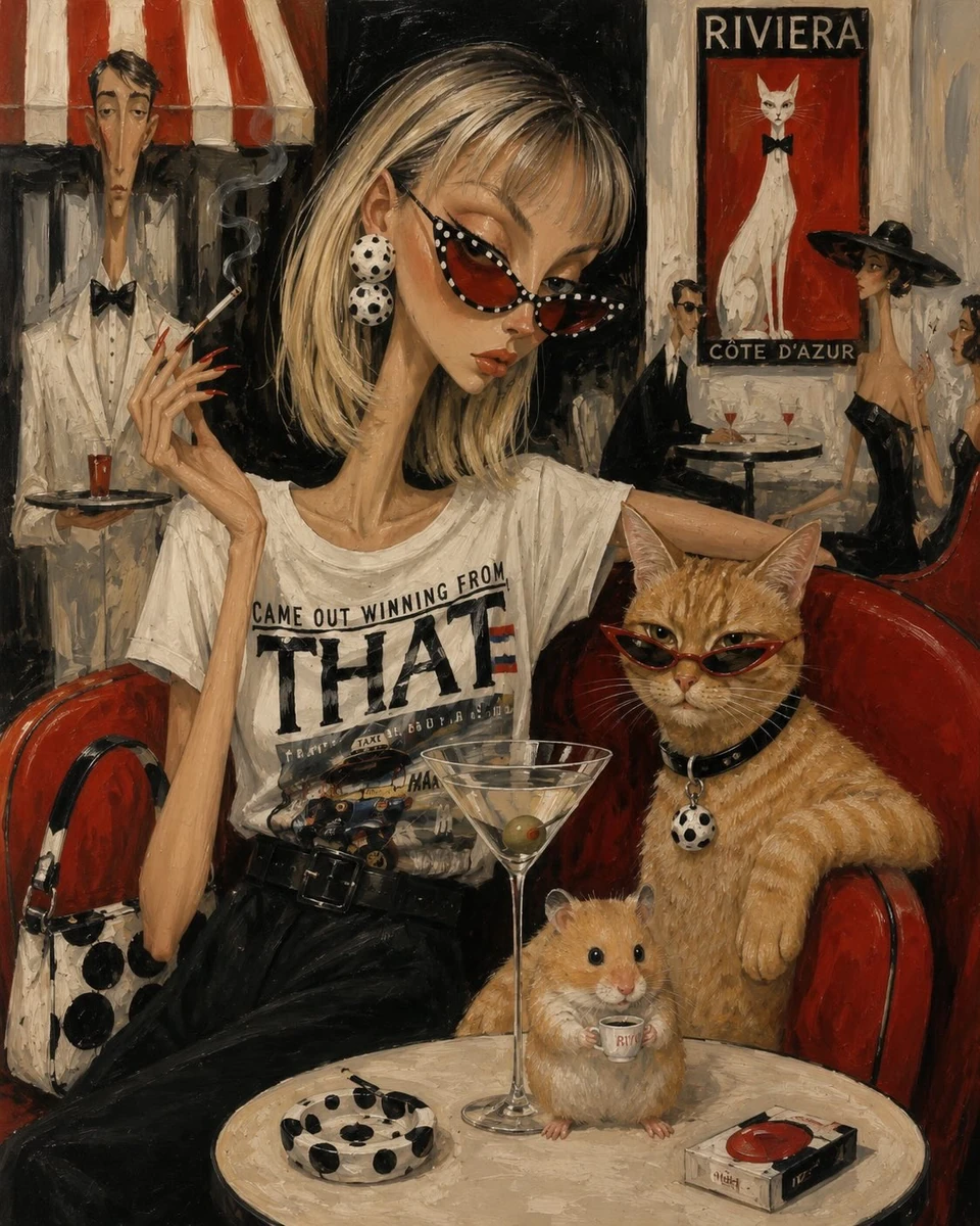 A chic fashionista and her stylish orange tabby cat sitting together in a...