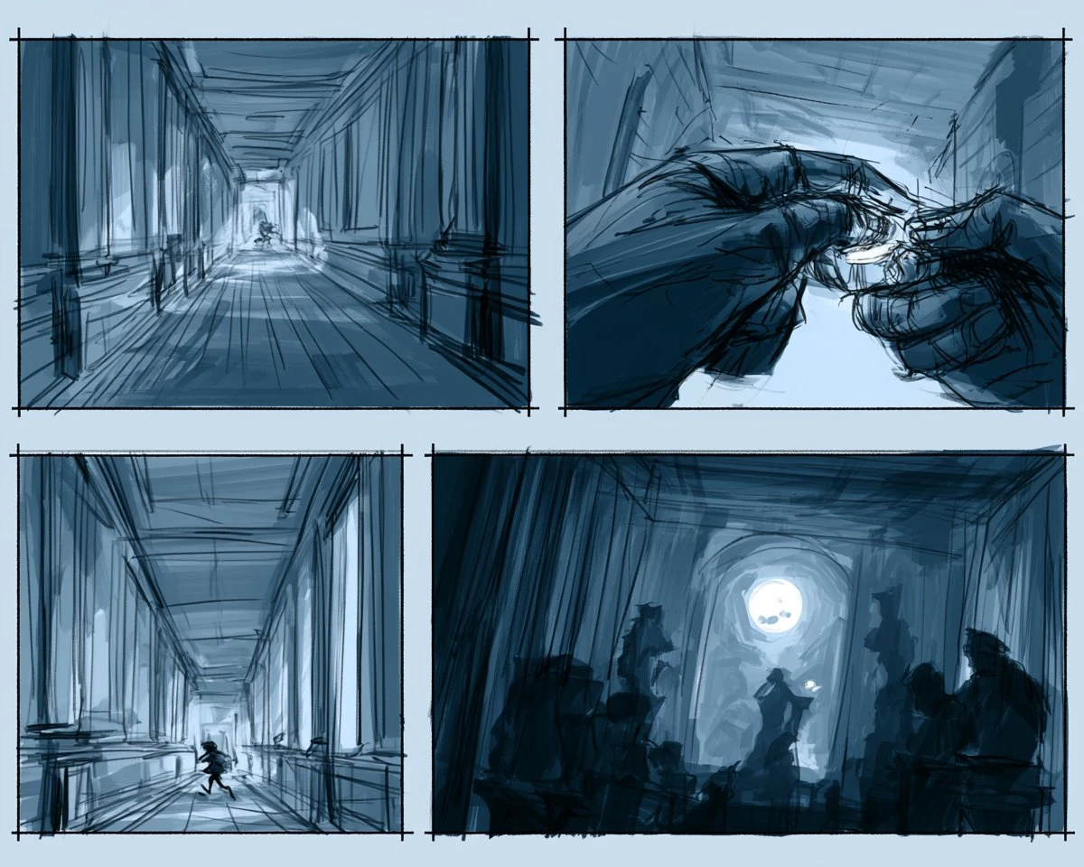 three storyboard frames of a tiny paper detective chasing a glowing clue...