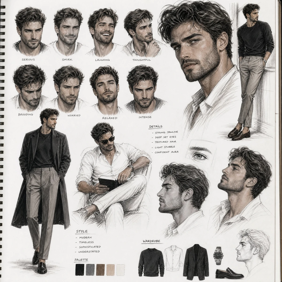 Premium cinematic sketchbook character board showcasing a handsome contem...