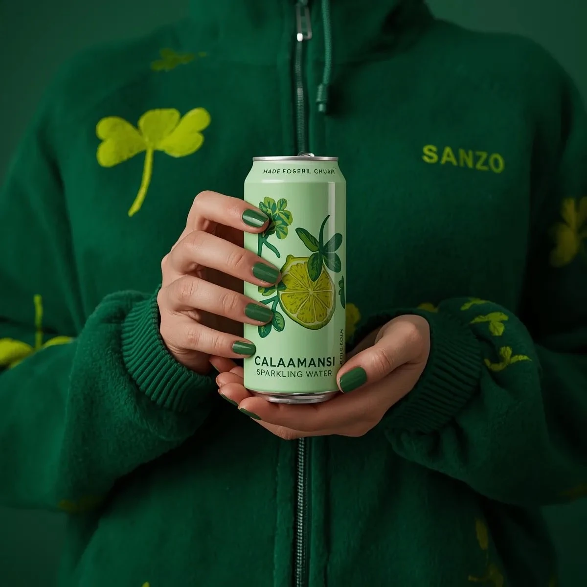 A photorealistic product shot of a person holding a slim, light green can...