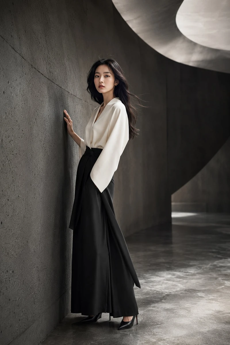 A stunning young Japanese woman in a high-end fashion studio photoshoot,...