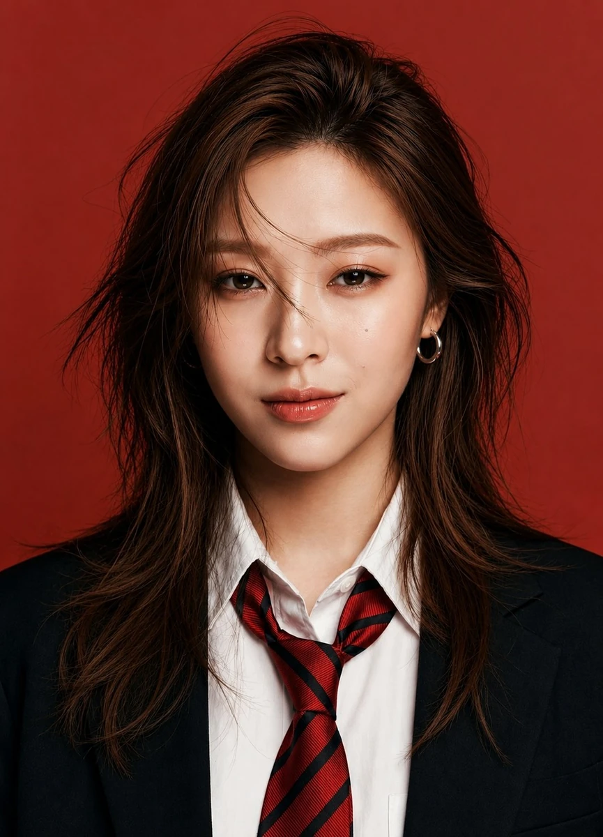 Ultra-realistic studio fashion portrait of a confident young woman (Face...
