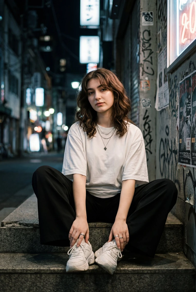 Cinematic street-style portrait of a young woman sitting on concrete step...