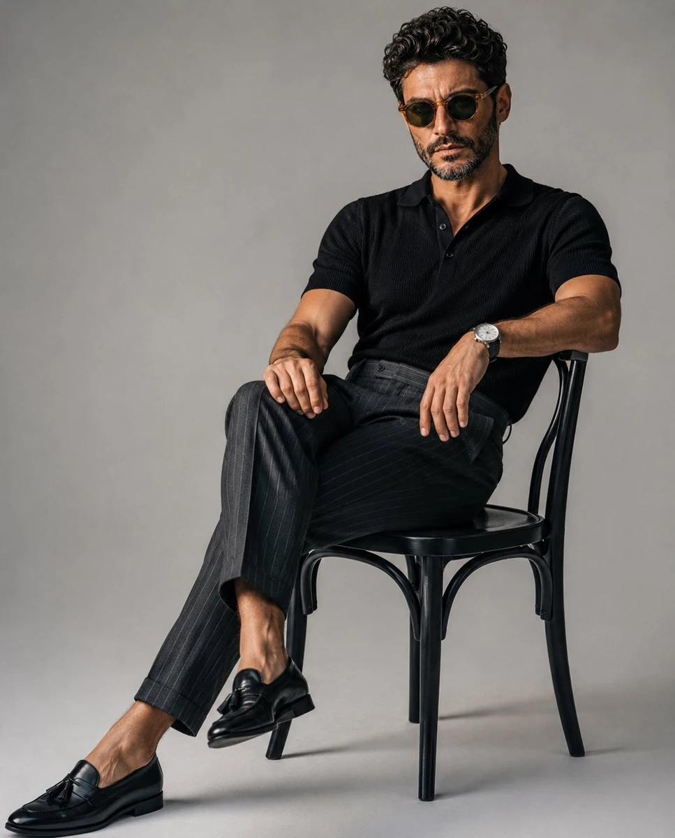 A luxury editorial fashion portrait of a stylish young man sitting casual...