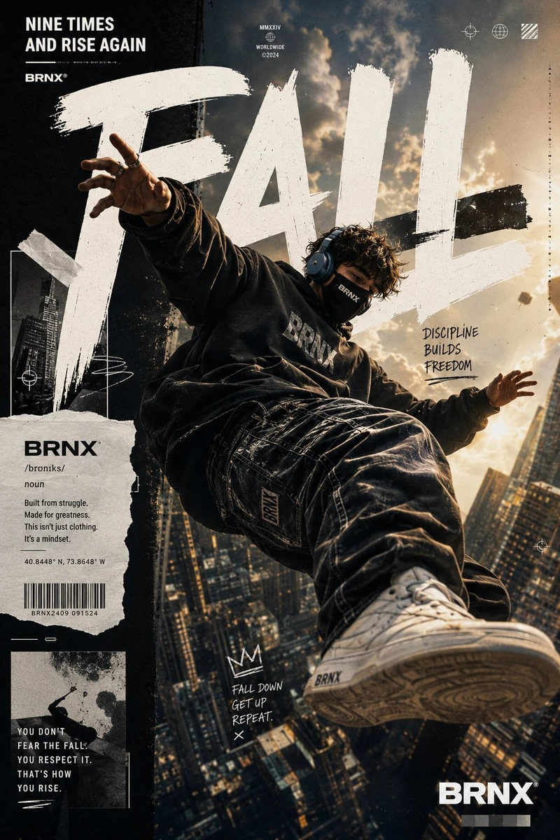 Ultra-premium streetwear fashion poster featuring a young masked man floa...
