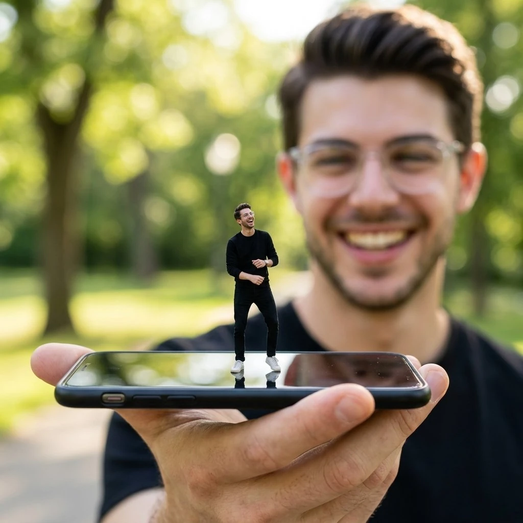 A hyper-realistic cinematic photo of a man holding a smartphone in his ha...