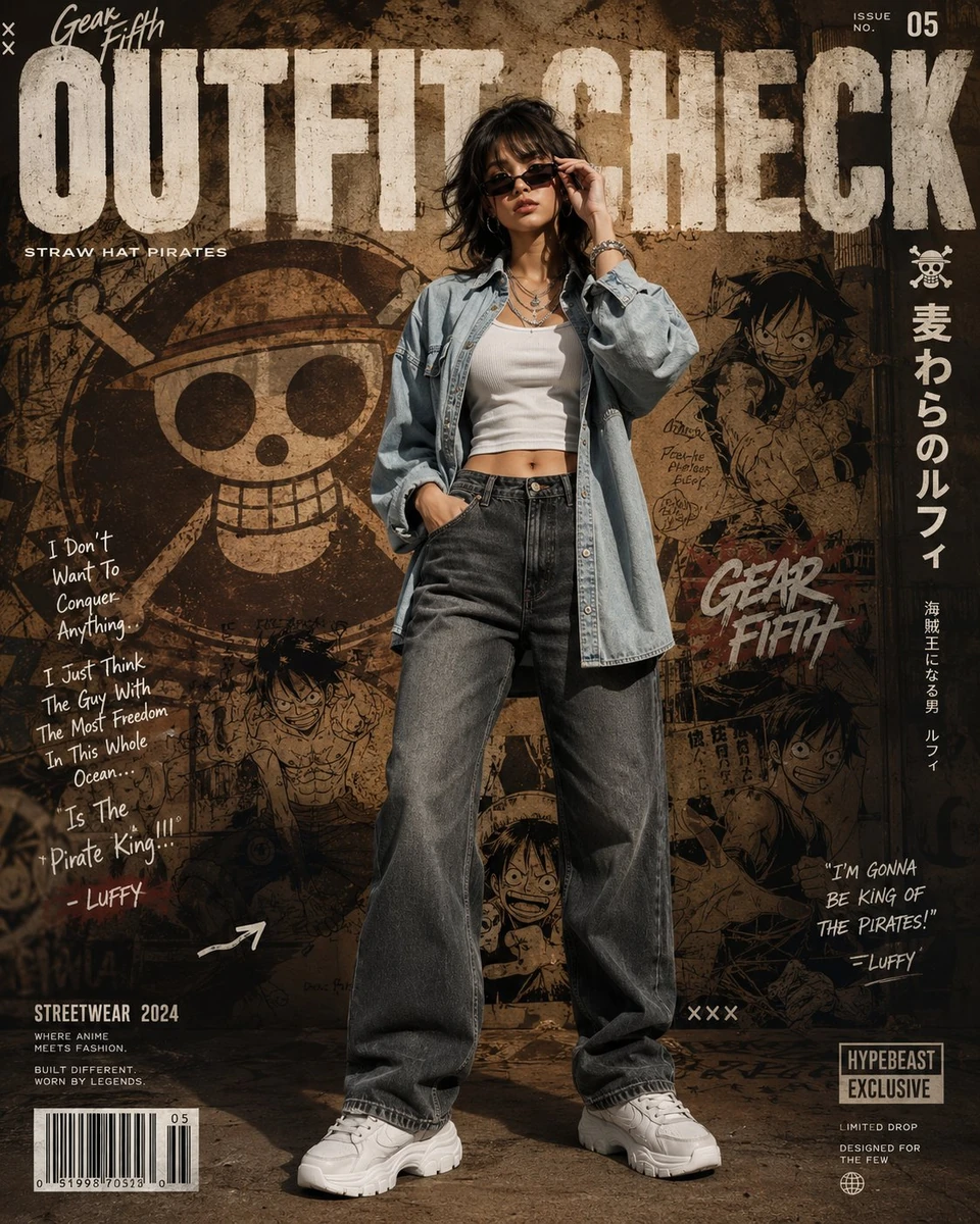 A cinematic anime-inspired streetwear editorial poster featuring a stylis...