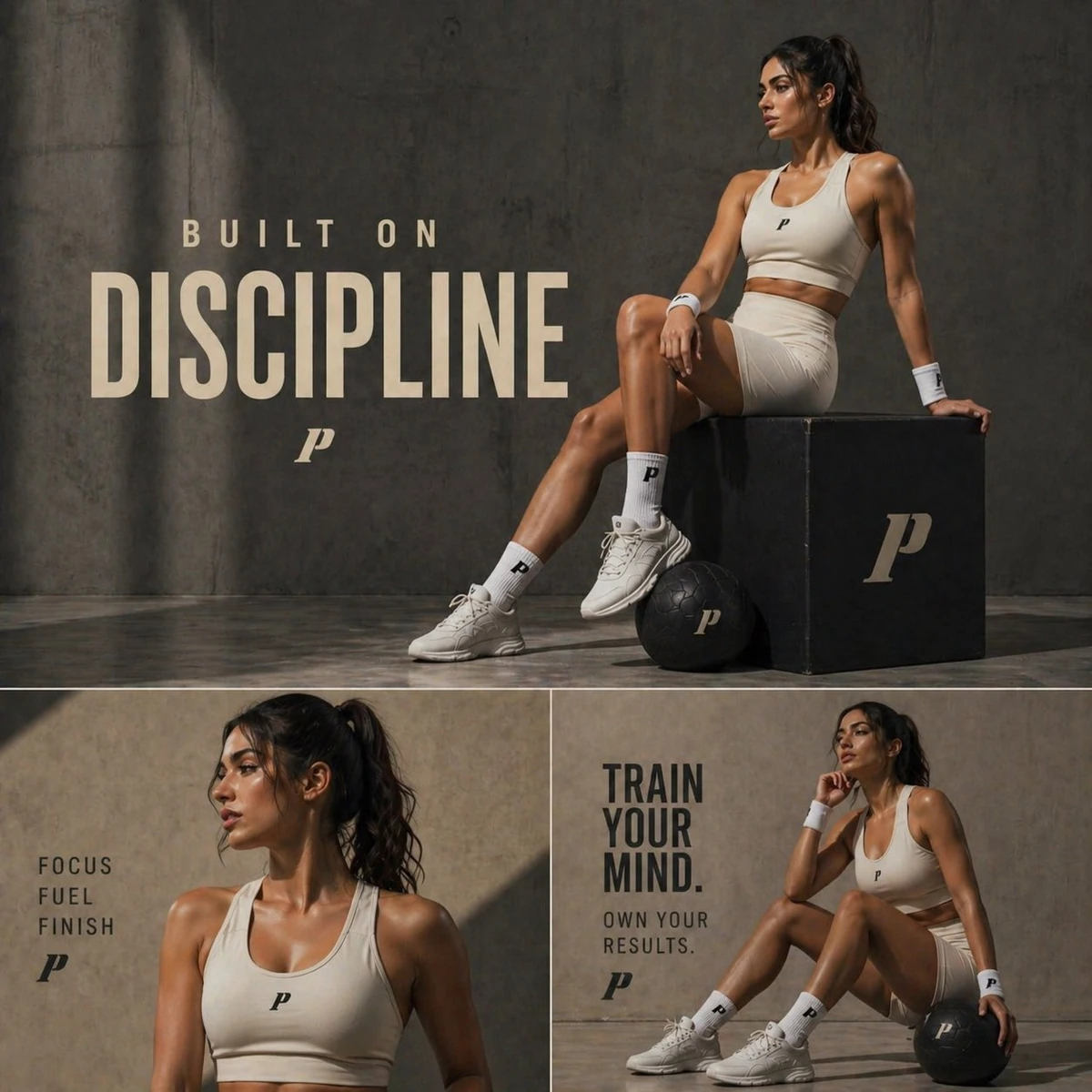 Cinematic luxury fitness editorial, warm concrete studio background with...