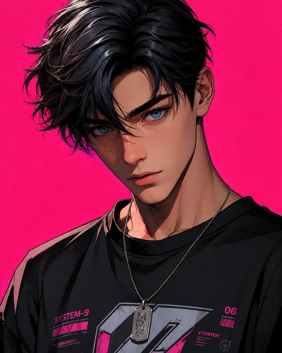 stylized 3D cartoon male character, close-up portrait, black layered hair...