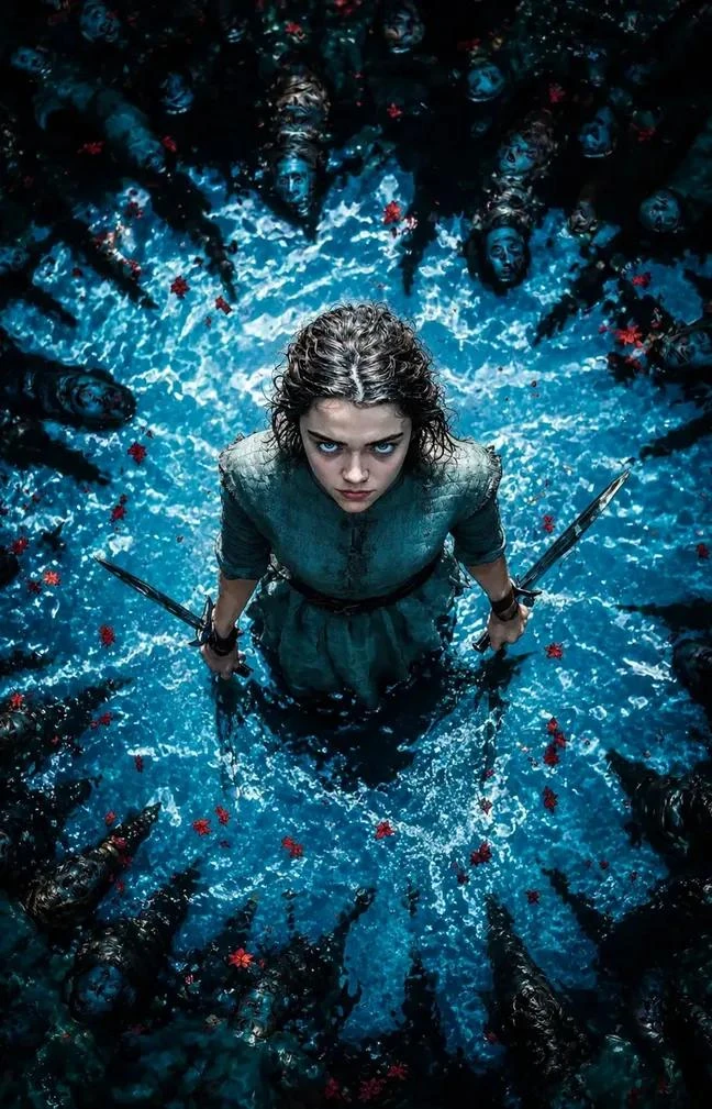 Dark fantasy cinematic top-down portrait of a fierce young warrior woman...