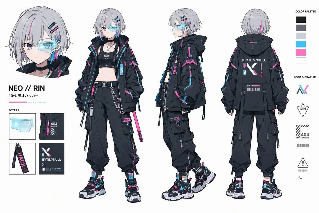 Ultra-detailed cyberpunk anime character design sheet of a teenage genius...