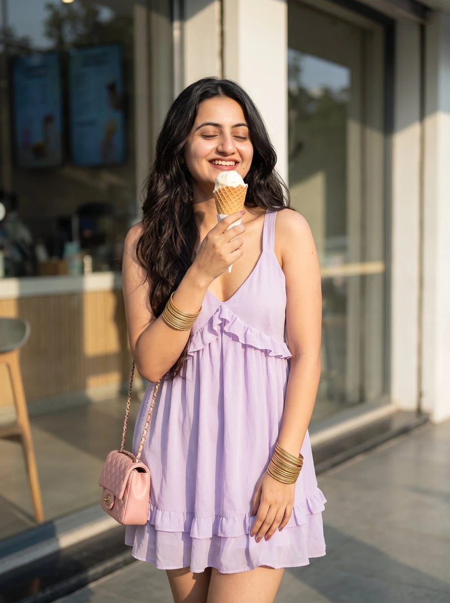 A beautiful young Indian woman in her mid-20s with glowing sun-kissed ski...