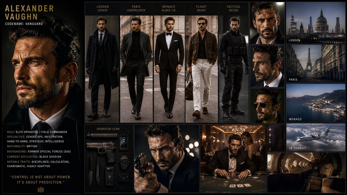 A cinematic Hollywood spy-thriller character board featuring a stylish ma...