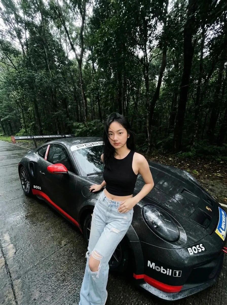 A cinematic, ultra-realistic photo of a young Asian woman standing beside...