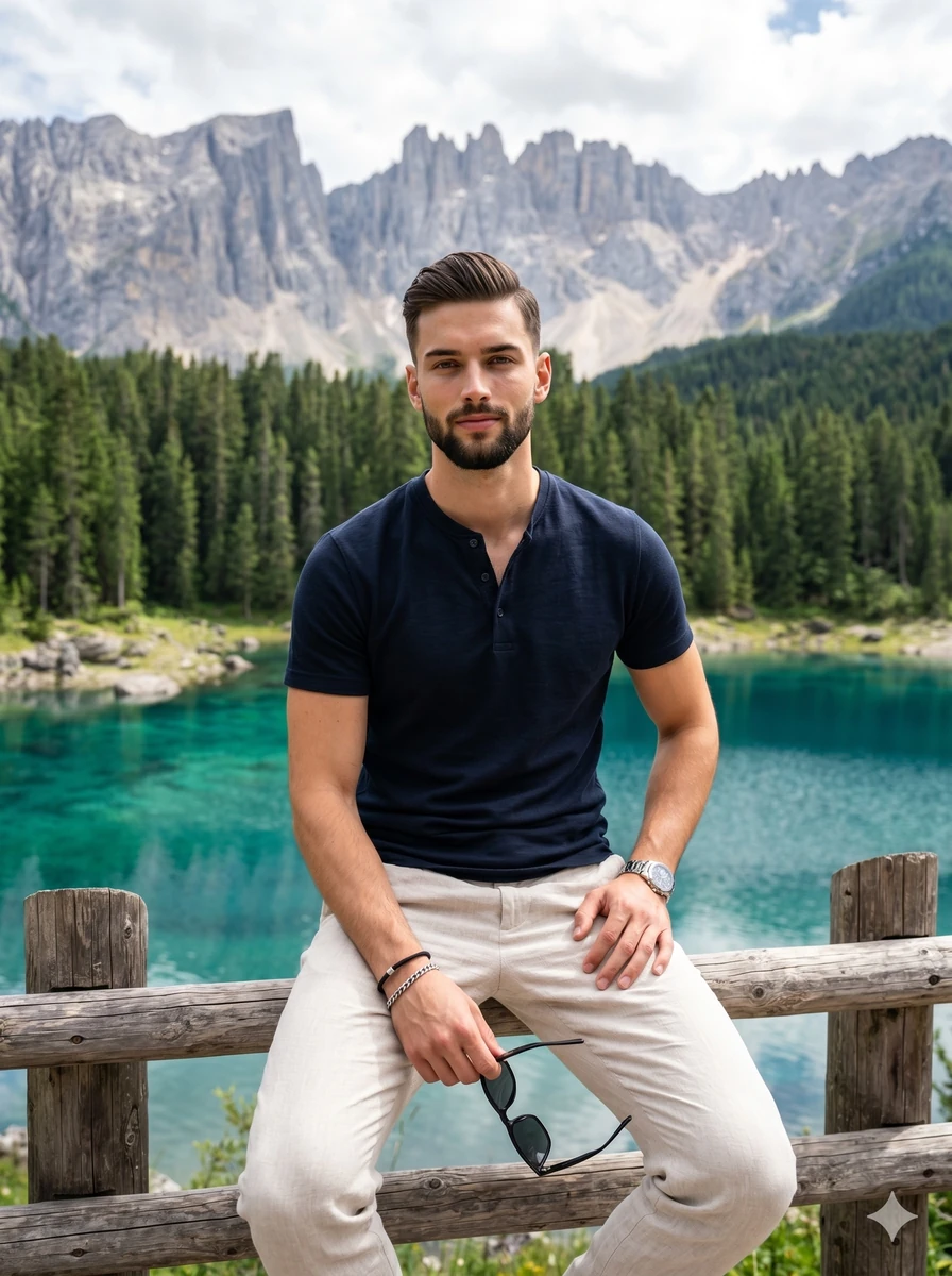 A young adult male sits centered on a weathered wooden fence, exuding an...
