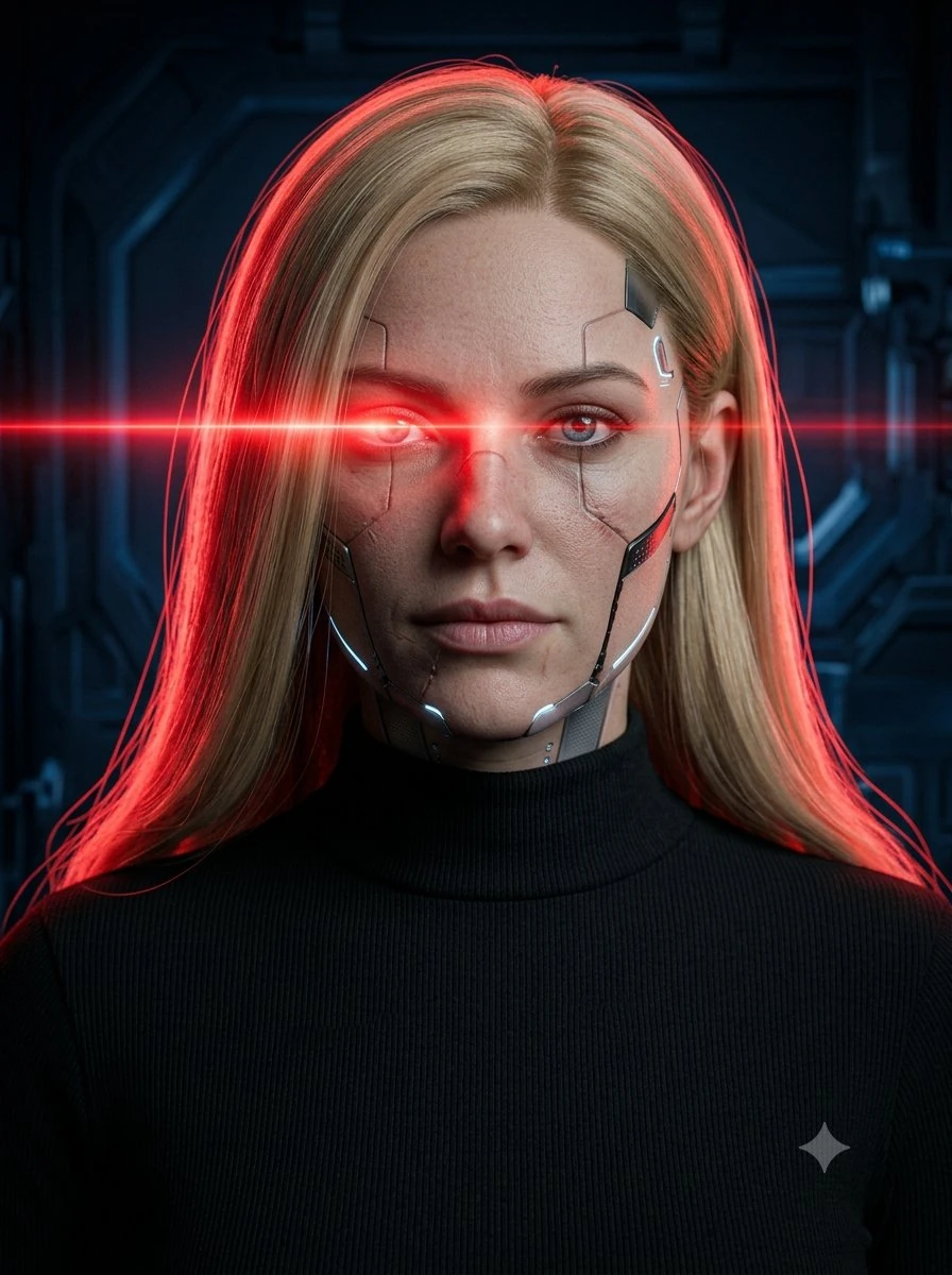A hyper-realistic close-up studio portrait of a futuristic female android...