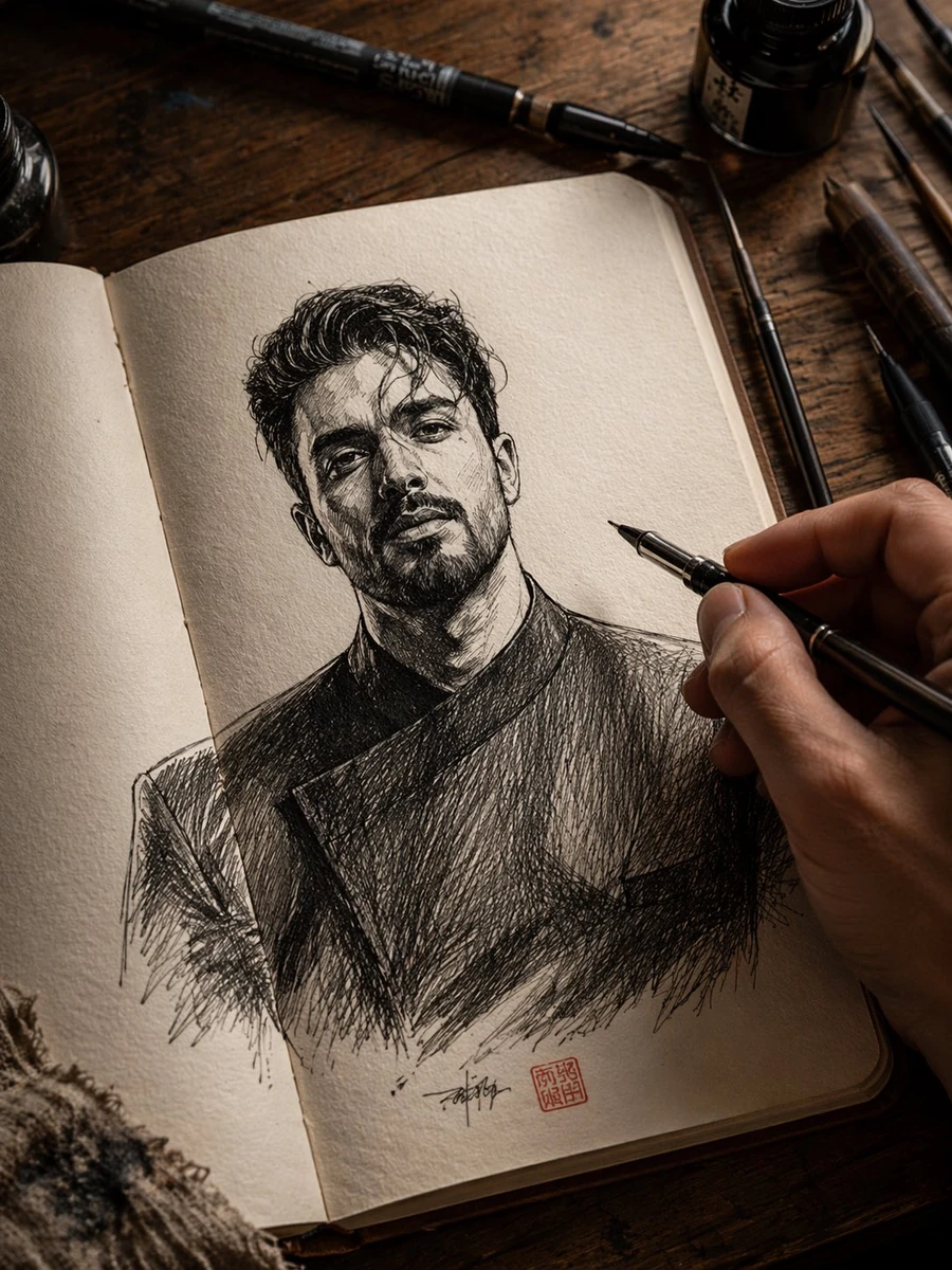 - Ultra-detailed hand-drawn ink illustration of a man based on the upload...
