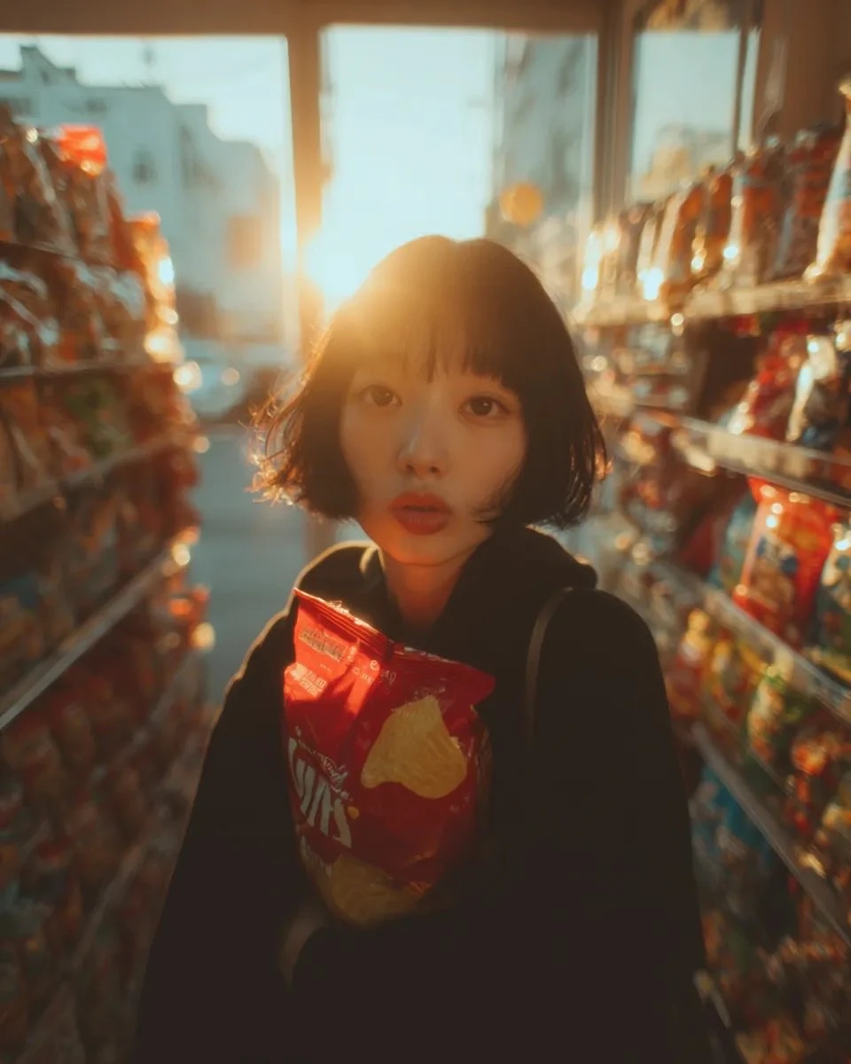 Cinematic portrait of a young woman standing in a convenience store snack...