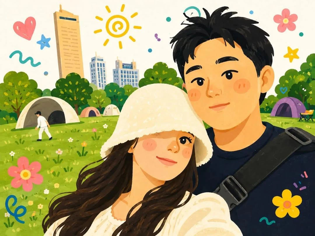 Transform the uploaded photo into a cute hand-painted Korean webtoon illu...