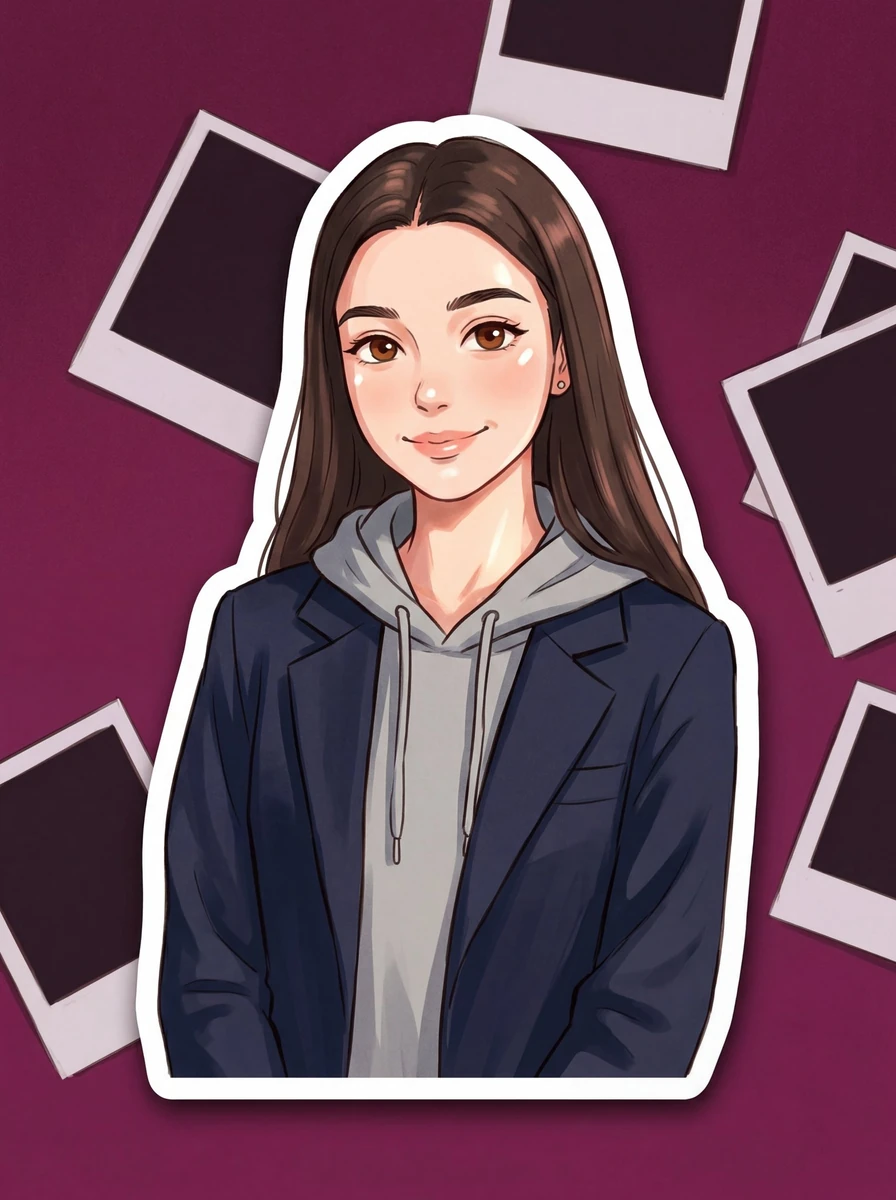 A Studio Ghibli-style sticker illustration of a young woman with the same...