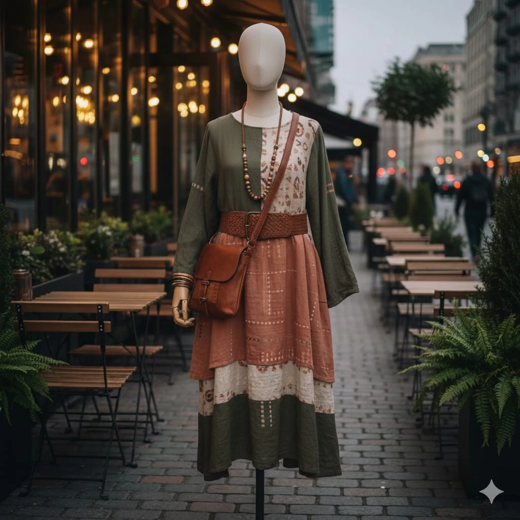 A modern, modest dress displayed on a mannequin, with long sleeves, midi-...