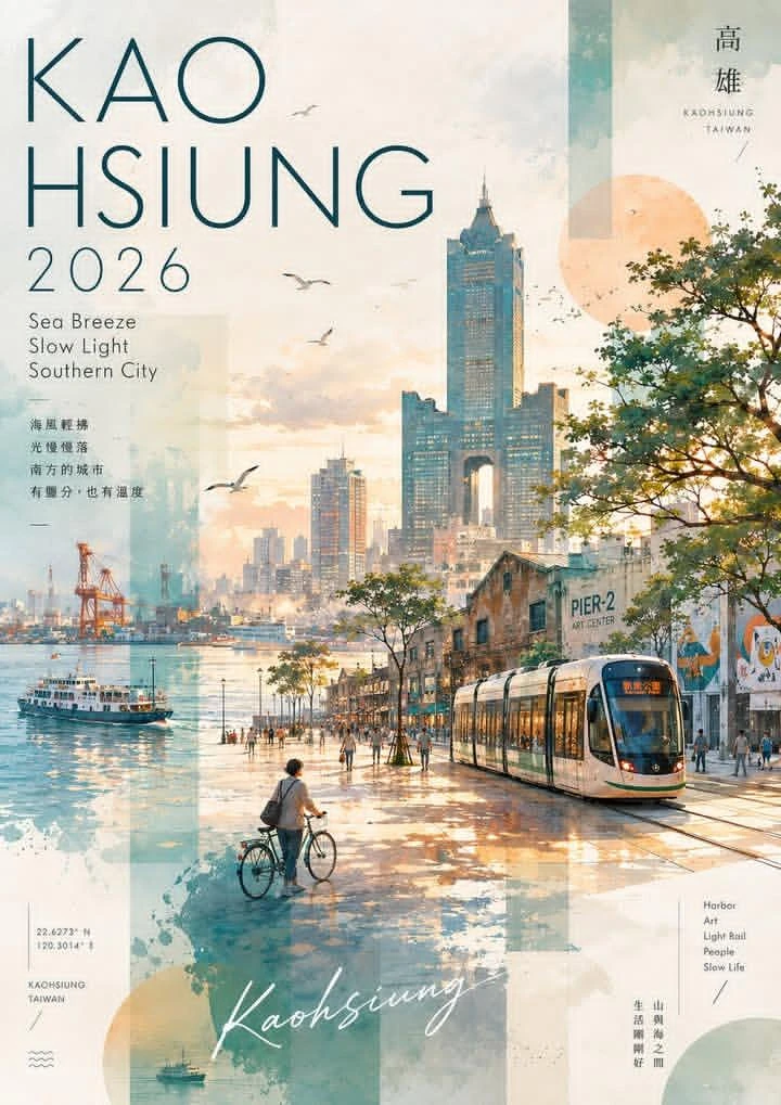 Watercolor and collage travel poster for Kaohsiung, Taiwan, vertical layo...