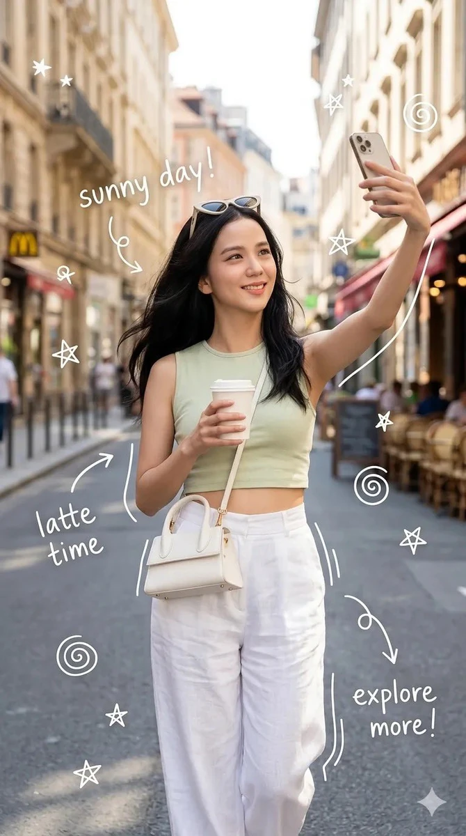 A stylish young woman walking down a charming European street, holding a...