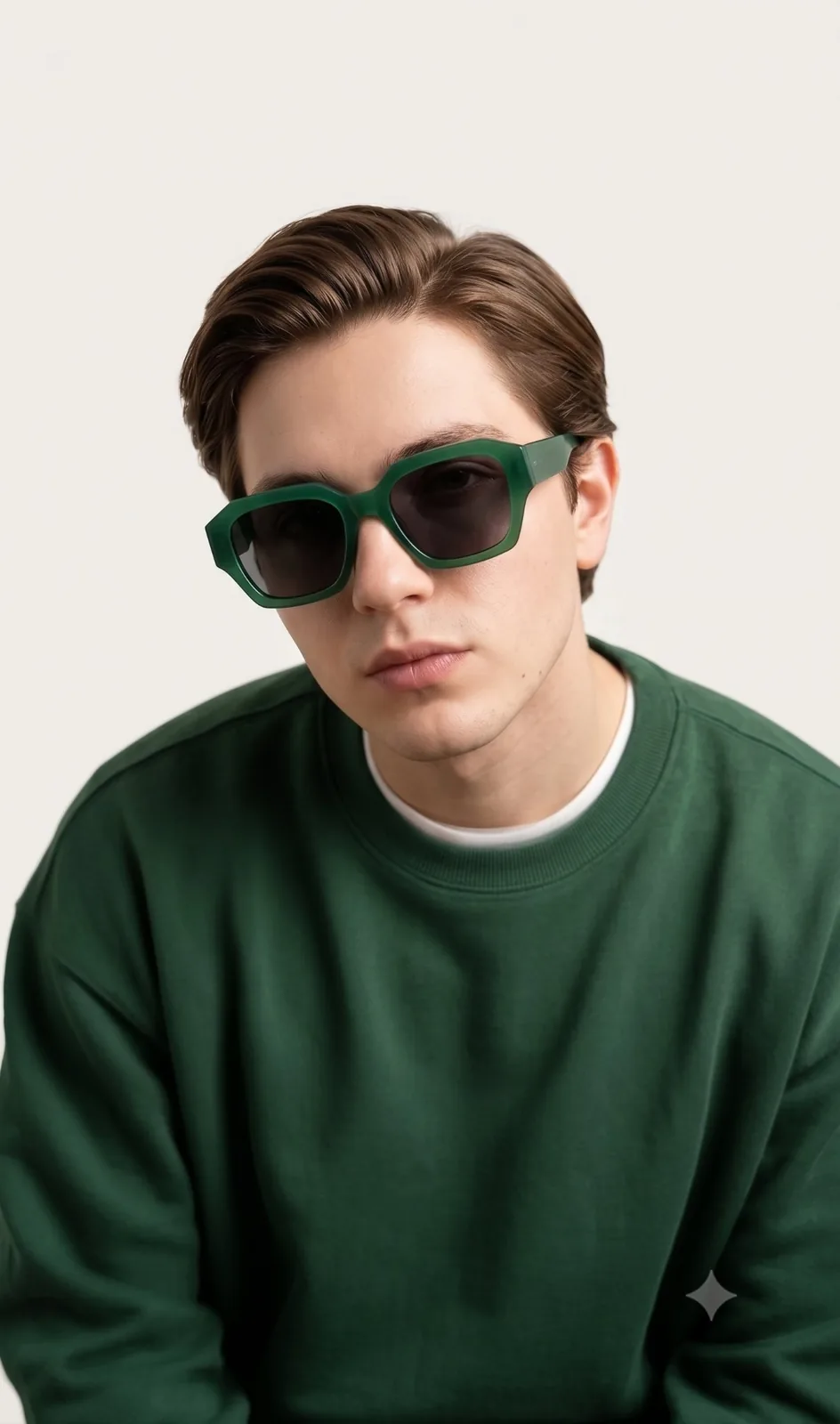 Dress him in an oversized forest-green crewneck sweatshirt made from prem...
