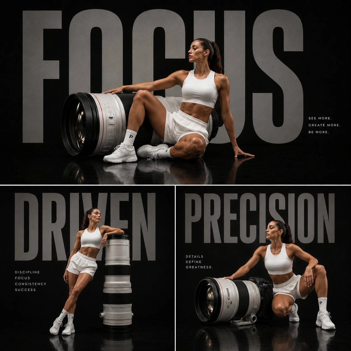 Three-panel luxury sports editorial collage with a deep black studio back...