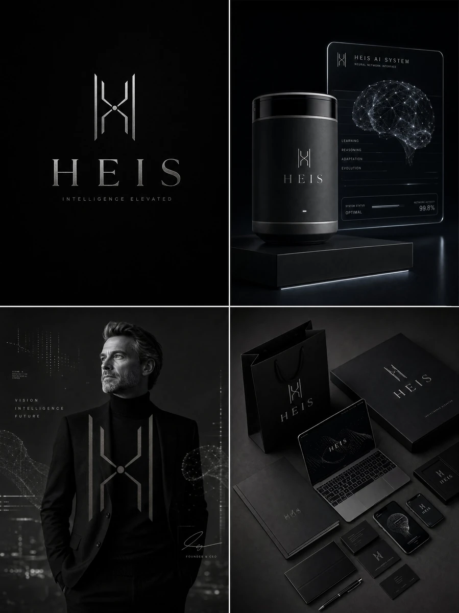 Luxury AI brand identity board for "HEIS", ultra-premium artificial intel...