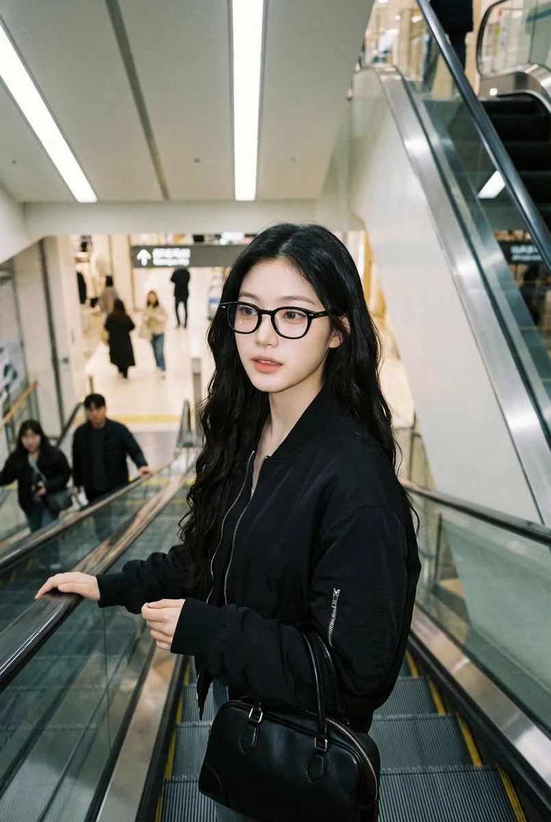 Photorealistic iPhone candid of a woman on an escalator, using the exact...