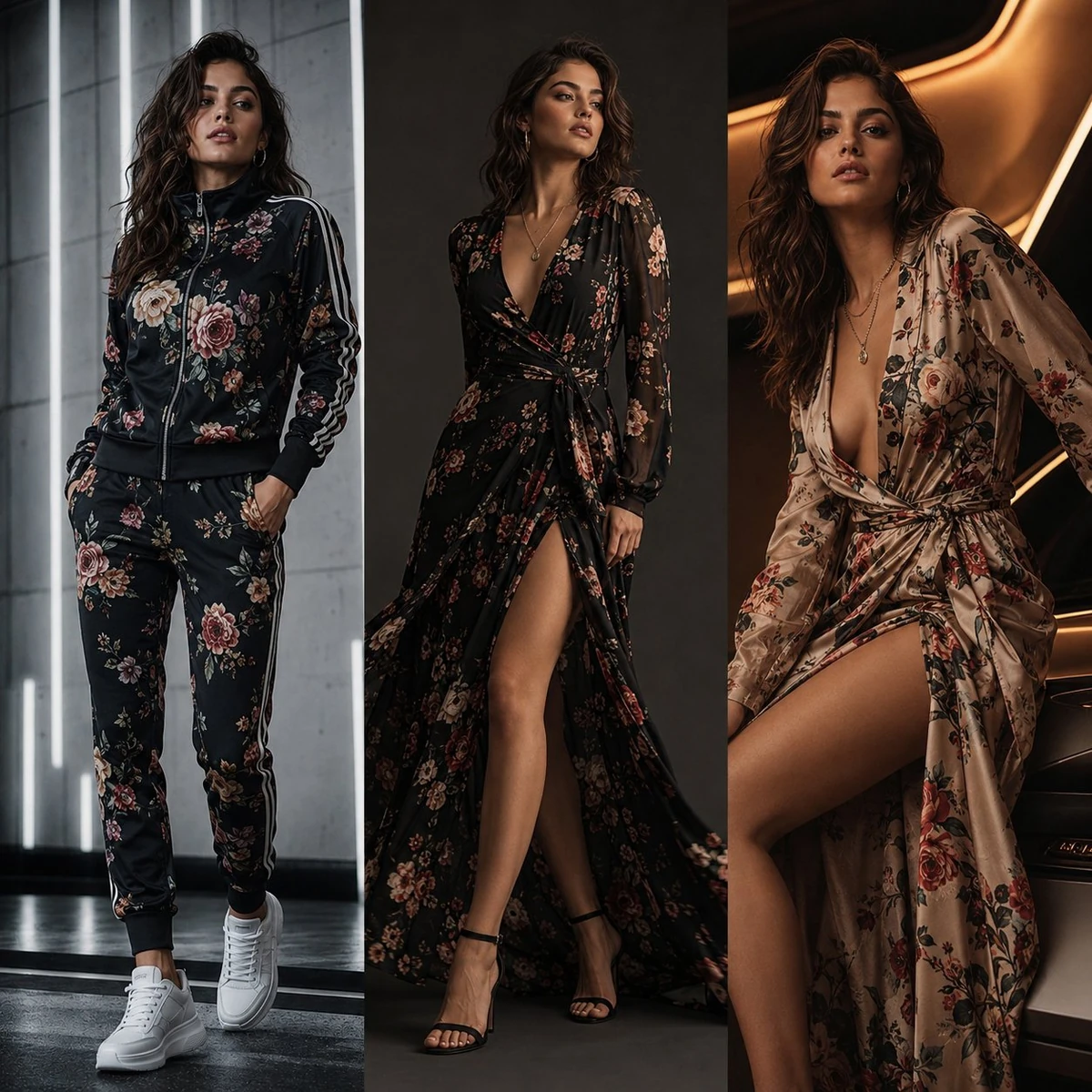 Ultra-realistic luxury fashion campaign, [same stylish woman in all three...