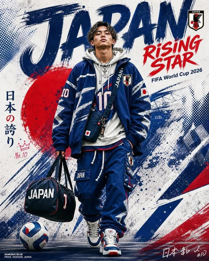 High-energy sports poster for Japan FIFA World Cup 2026. Young male footb...
