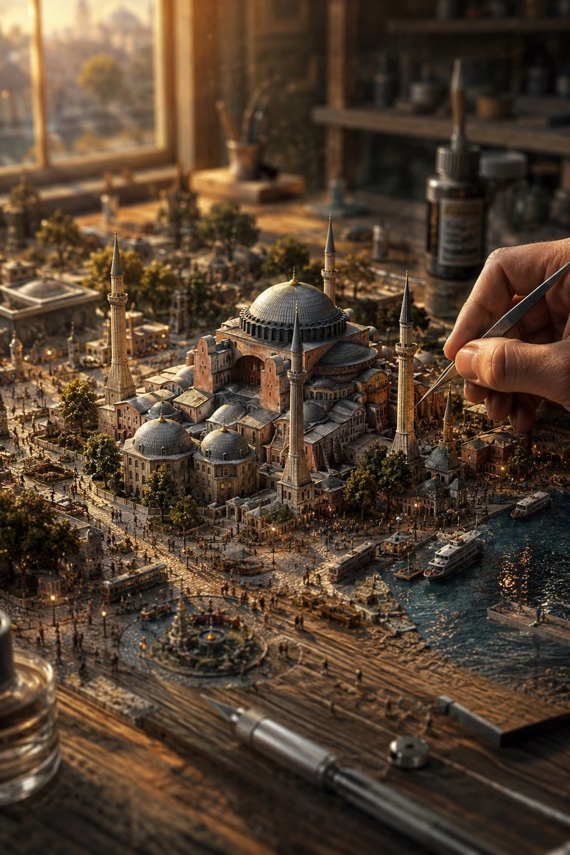 A hyper-detailed miniature diorama of [CITY OR PLACE] seamlessly built di...