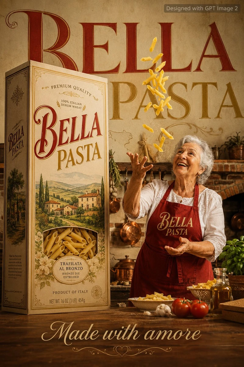 A warm Italian food advertisement poster. A cheerful Italian grandmother...