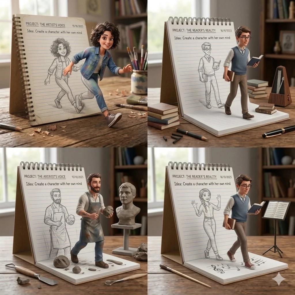 Ultra-realistic creative concept showing a sketchbook on a wooden desk wh...