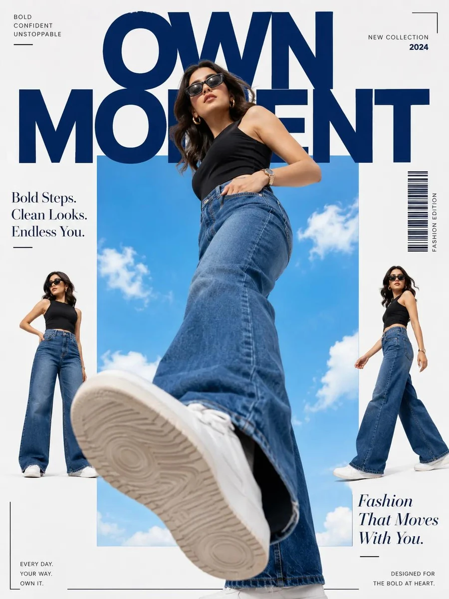 scene": "High-fashion editorial magazine cover with a powerful low-angle...