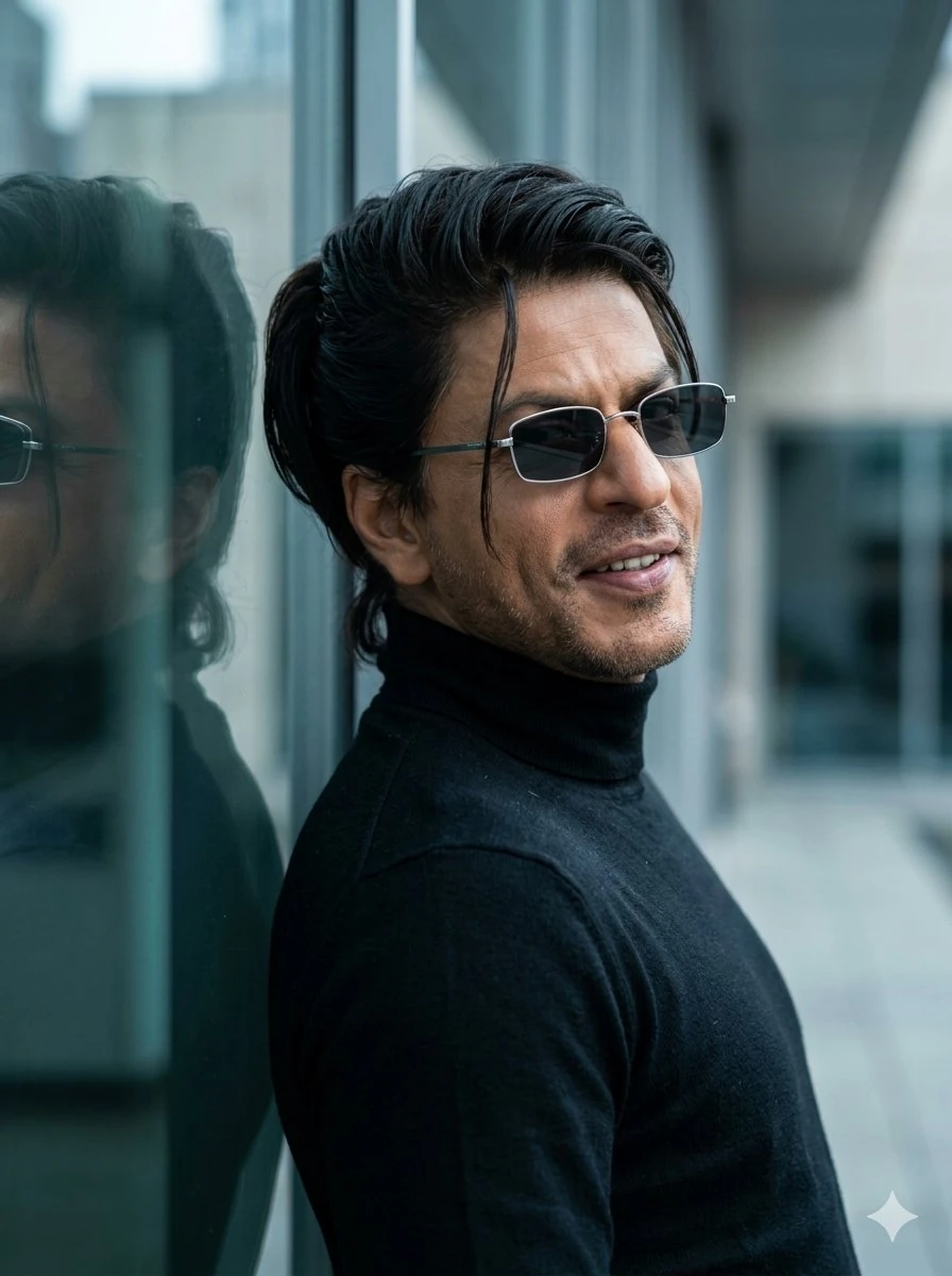 A highly detailed cinematic portrait of Shah Rukh Khan, a handsome Indian...