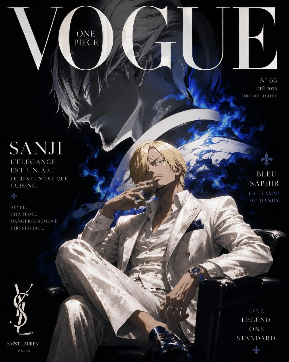 Luxury anime fashion magazine cover inspired by high-end Vogue editorial...