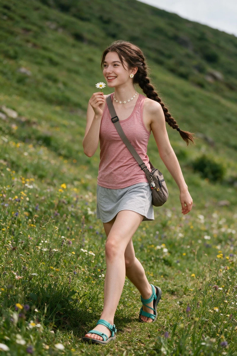 A young woman with a long fishtail braid, walking through a wildflower me...