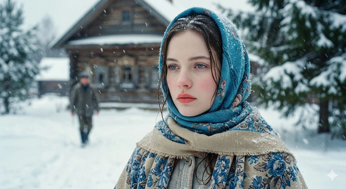 A beautiful young woman with delicate features, striking light blue eyes,...
