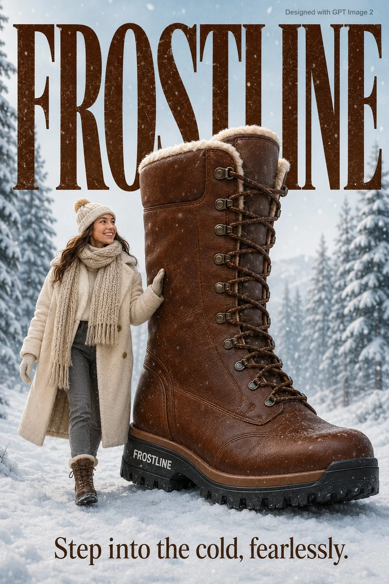 A cozy winter lifestyle advertisement poster. A stylish young woman in a...
